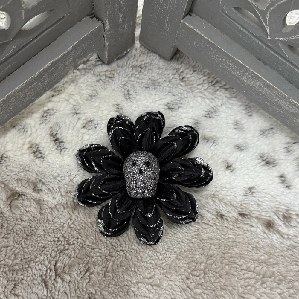 Silver sugar skull floral hair clip Halloween Dia De Los Muertos Day of the Dead